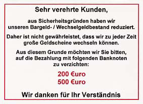 1 Aufkleber-Set  Bargeld-/Wechselgeldbestand 