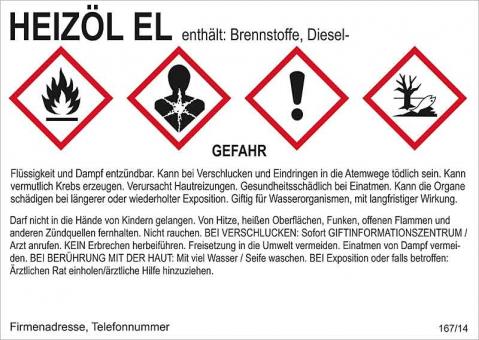 Gefahrstoffaufkleber (Heizöl EL) für alle Gebinde 148 x 105 mm / 10 Stück
