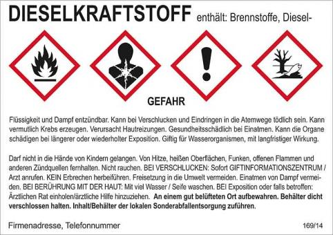 Gefahrstoffaufkleber (Dieselkraftstoff) für Reservekanister und andere Gebinde 105 x 74 mm / 1 Stück