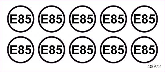 10 Aufkleber für Zapfpistolen "E85" (Ø 26 mm) 